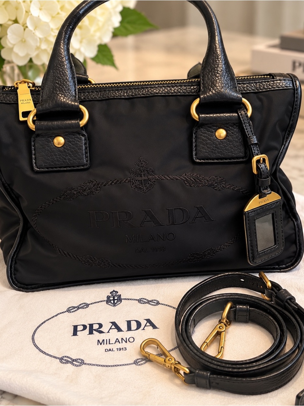 Prada Black Nylon Tote with Gold Hardware